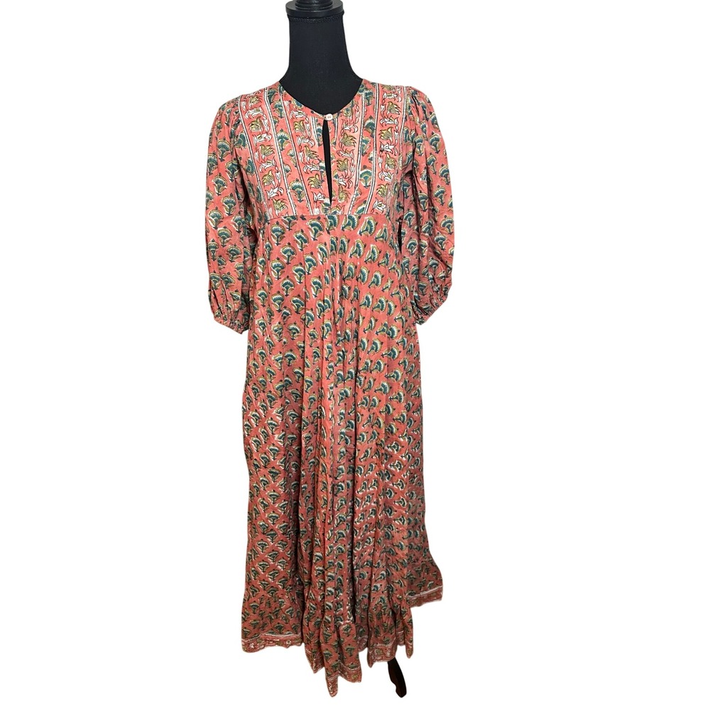 Marea House Pink Floral Block Print Cotton Maxi Dress Puff Sleeve SZ 1/S  boho